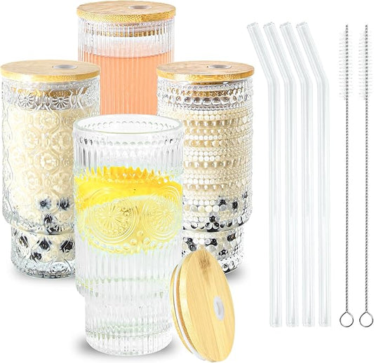 16oz Drinking Glasses Cups Set of 4 with Bamboo Lids Straws Brush Vintage Glassware Set for Mojito Iced Coffee Beer Cocktail Whiskey(Mixed)