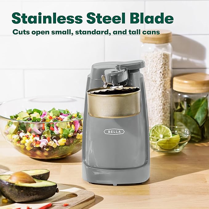 bella Electric Can Opener and Knife Sharpener, Multifunctional Bottle Opener with Removable Cutting Lever and Cord Storage, Stainless Steel Blade, Gray