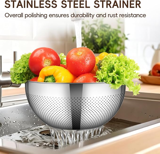 GOLDEN KEY Stainless Steel Colander for Kitchen, 3 Pcs Stainless Steel Strainer,Strainers and Colanders,Pasta Strainer with Handle for Vegetables Cooking Food,Dishwasher Safe(3QT,4QT,5QT)