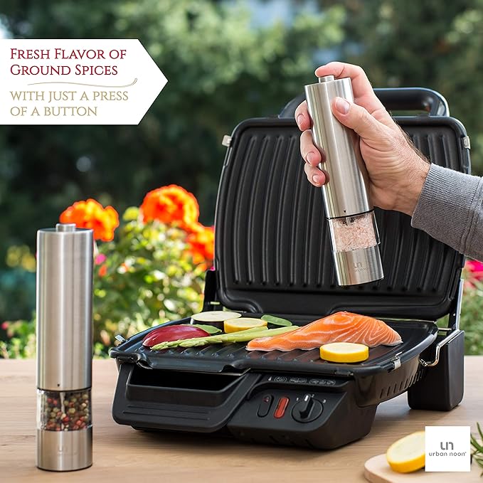 Electric Salt and Pepper Grinder - Single Battery Operated Stainless Steel Salt or Pepper Mill with Light - Automatic One Handed Operation with Adjustable Ceramic Grinder