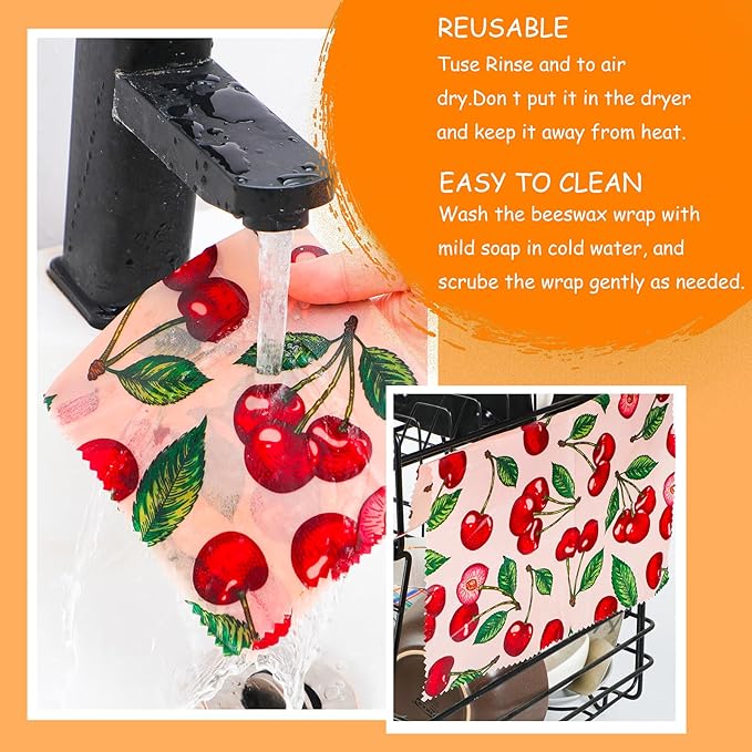 Reusable Beeswax Wrap, 11 Pack Eco-Friendly Beeswax Wraps For Food, Organic, Sustainable, Biodegradable, Zero Waste, Plastic-Free Food Storage, 1L Avocado, 2M Cherry, 4S Strawberry, 4XS Lemon Patterns