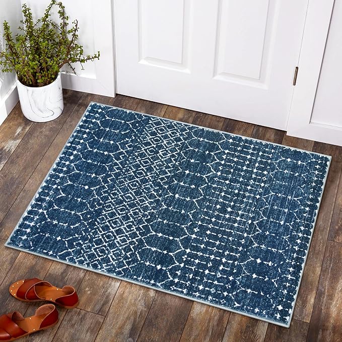 Lahome Moroccan Indoor Rugs for Entryway - 2x3 Area Rug Non-Slip Backing Washable Inside Door Mats Low-Profile Throw Soft Rugs for Bathroom, Geometric Print Distressed Blue Rug for Kitchen Bedside