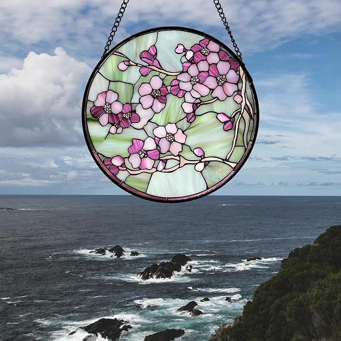 Stained Glass Window Hanging 4 Pcs Set Tulips Plum Flower Daffodils Hyacinths 9.8" - Suncatcher Door Garden Sun Catcher Decor Birthday Mother's Day for Mom Woman Nana