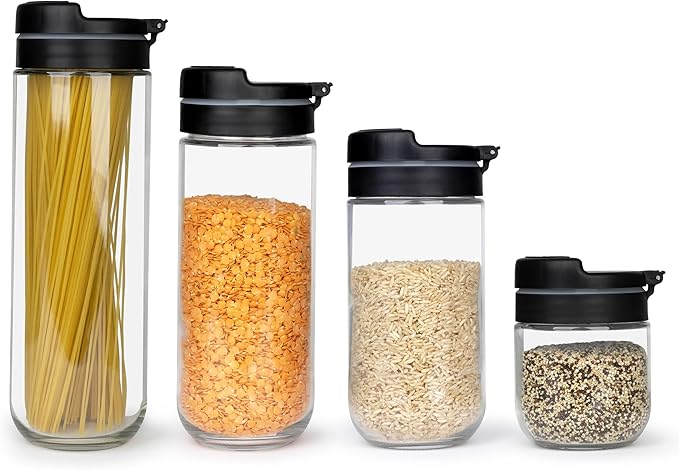 Premium Borosilicate Glass Food Storage Containers with Innovative Press & Release Lid with Airtight Silicone Seal,Sugar or Flour Container,Big and Small Food Jar for Pantry