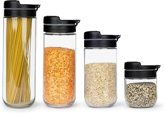 Premium Borosilicate Glass Food Storage Containers with Innovative Press & Release Lid with Airtight Silicone Seal,Sugar or Flour Container,Big and Small Food Jar for Pantry