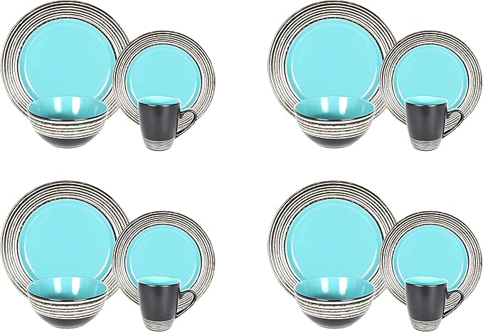 16 Piece Dinnerware Set, Ceramic Plates and Bowls Sets for 4, Microwave and Dishwasher Safe, Handcrafted Tree Bark Series Dish Set, Turquoise