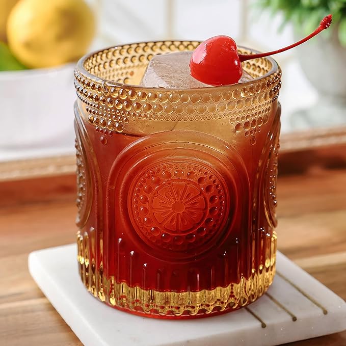 Kate Aspen Vintage Amber Drinking Glasses Set of 6 10 oz Ribbed Glassware for Drinking Water, Juice, Cocktail Glasses - Ribbed Glass Cups Set, Iced Coffee Cup, Kitchen Drinkware or Home Bar