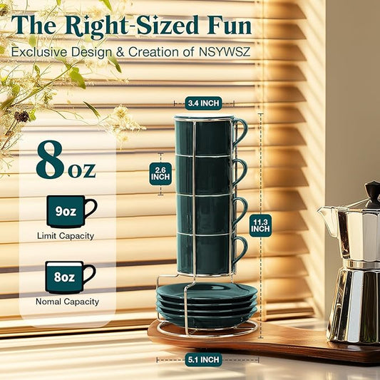 5 Ounce Green Porcelain Stackable Espresso Cups with Stainless Steel Holder, Set of 4, Durable Ceramic, Perfect for Home, Office or Gift
