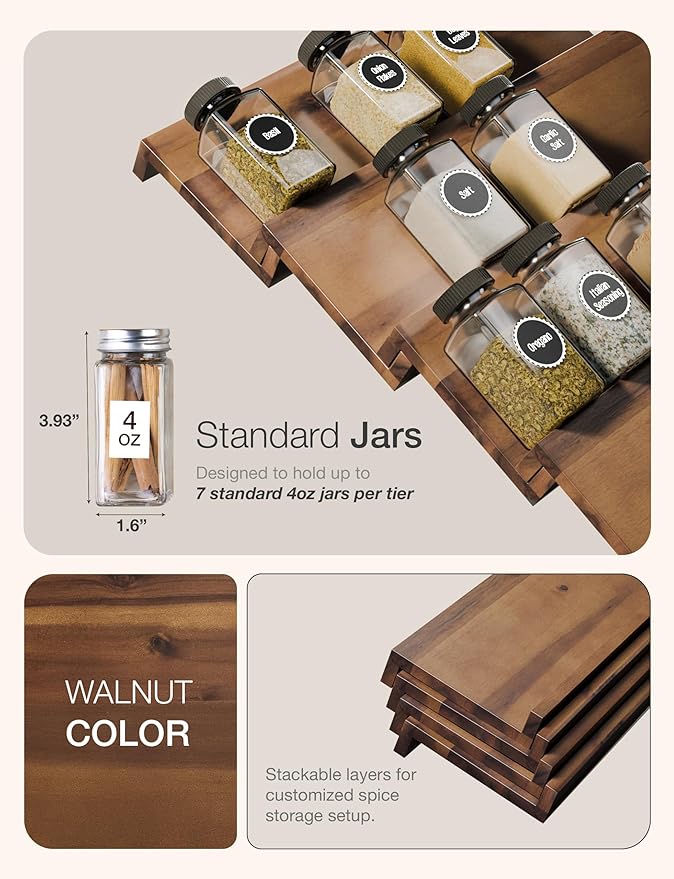 Tinamo Acacia Wooden Spice Rack Organizer for Cabinet - Spice Drawer Insert, Spice Organization for Cabinet, Seasoning Organizer, Spice Holder Pack of 8 (Walnut pack 4)