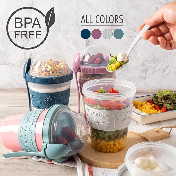 Hakan 20 oz Yogurt Parfait Cups with Lids - 4 Pack, Reusable Cups with Dome Lid and Spoon Yogurt Cups with Topping Compartment BPA-Free Plastic on the Go Cups in Special Box Overnight Oat Containers
