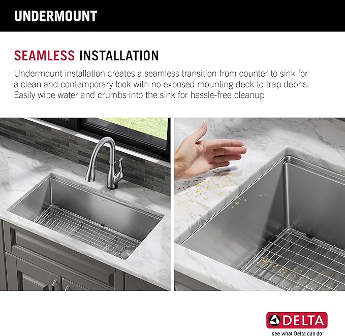 DELTA FAUCET 95B932-32S-SS Lorelai Workstation Kitchen Sink Undermount Stainless Steel Single Bowl with WorkFlow Ledge and Chef’s Kit of 6 Accessories