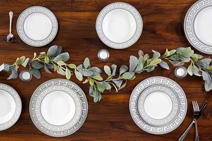 Dinnerware Set for 8-49 Piece Vintage Porcelain Dish Set - White and Silver Greek Key Design - Luxurious Tableware - For Everyday Use or Formal Occasions (Meander Silver 2049)