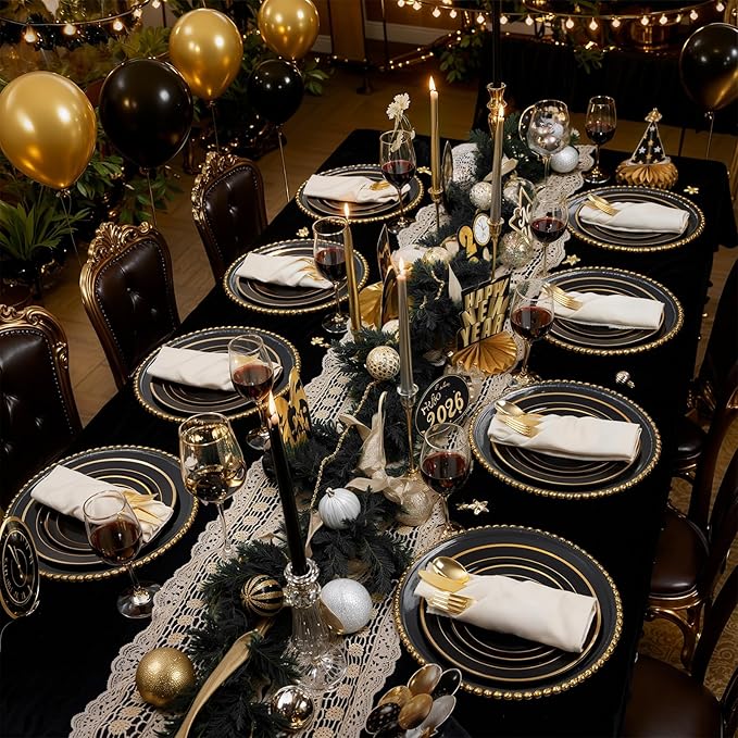 WDF 200PCS Black and Gold Plastic Plates - Black Plates Disposable for Party - Heavy Duty Plastic Plate for New Year
