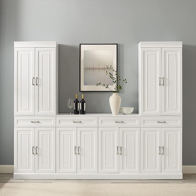 Crosley Furniture Stanton 3-Piece Traditional Sideboard Buffet Cabinet and Kitchen Storage Pantry Set, White