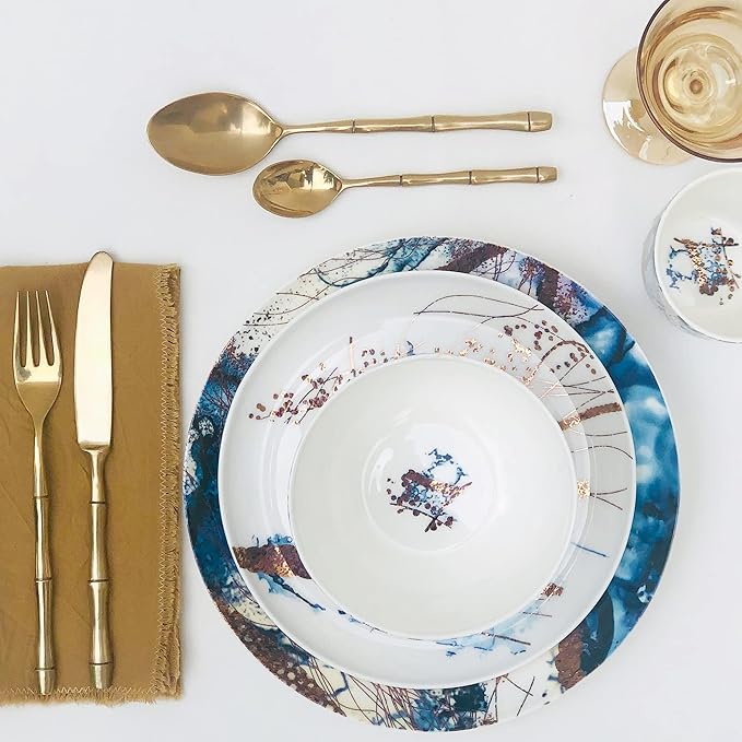 KOKEN - Ocean Blue 16 Piece Dinnerware Set (Service for 4) fine bone china - Dish Plates and Bowls Sets, Service for 4, Dinner Salad Dessert Plates, and Cereal Bowls Set, Blue - Microwave safe