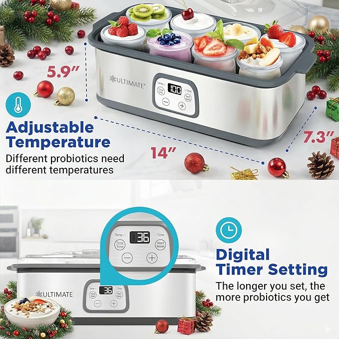 Ultimate Probiotic Yogurt Maker with Adjustable Temperature & Time Control - Make Trillions of Live Probiotics & Get Better Gut Health - ULTIMATE LIFETIME WARRANTY - Wellness Gifts for Men & Women