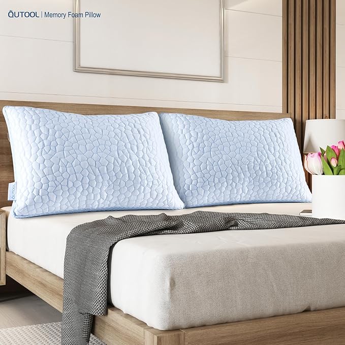 QUTOOL Enhanced Cooling Pillows Standard Size Set of 2,CertiPUR-US Shredded Memory Foam Pillows 2 Pack for Hot Sleeper,Adjustable Bed Pillow for Side,Back,Stomach Sleepers Support Yet Soft,Home Gifts