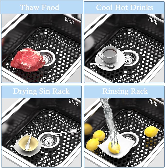 2 Pack Silicone Sink Protector for Kitchen Sink Bathroom, 13.58"x 11.6" Heat-resistant Sinks Mat, Non-Slip and Durable Sinks Protectors Silicone, Center Drain (Black)