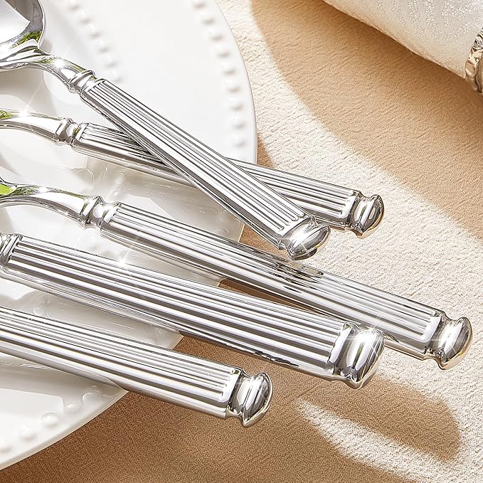 KINGSTONE Silverware Set, 5-Piece 18/10 Stainless Steel Flatware Set - Roman Column Embossed Thick Handle, for Wedding, Home, Restaurant, Kitchen and Party, Mirror Polish & Dishwasher Safe