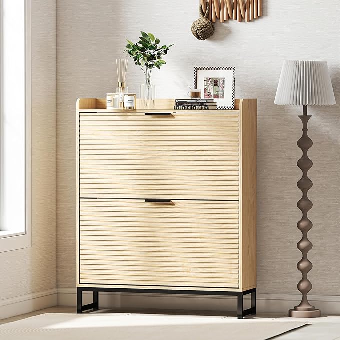 Shoe Cabinet Storage with 2 Flip Drawers for Entryway, Oak Wooden Slim Shoe Organizer with Adjustable Shelf, Freestanding Hidden Narrow Shoe Rack Cabinet for Hallway