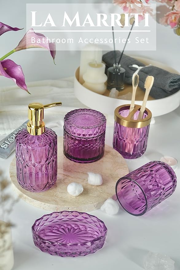 Purple Bathroom Accessories Set, 5Pcs Clear Glass Bathroom Accessories, Soap Dispenser, Toothbrush Holder Set, Soap Dish, Qtip Holder, Tumbler for Vintage Crystal Bath Decor (Violet)