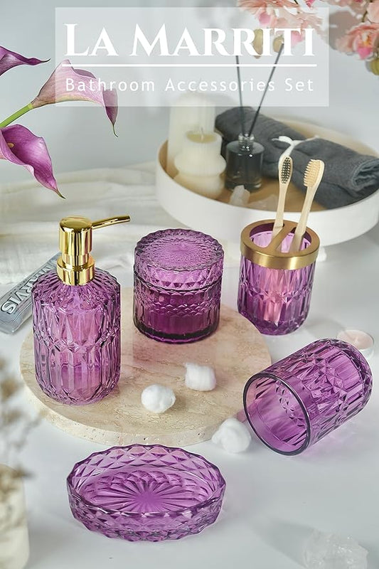 Purple Bathroom Accessories Set, 5Pcs Clear Glass Bathroom Accessories, Soap Dispenser, Toothbrush Holder Set, Soap Dish, Qtip Holder, Tumbler for Vintage Crystal Bath Decor (Violet)