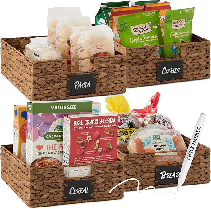Best Choice Products Set of 4 16x12in Large Water Hyacinth Pantry Baskets, Woven Organizers w/Chalkboard Label, Chalk Marker - Chestnut