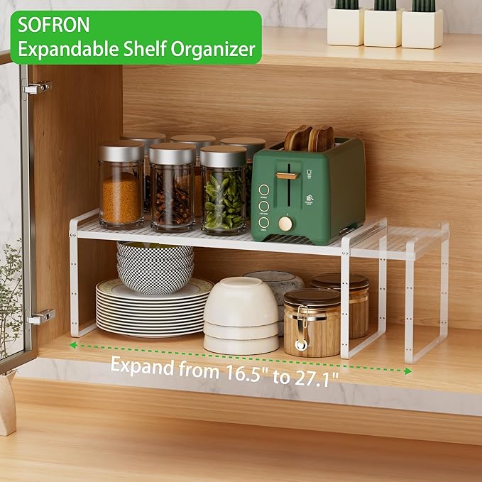 Expandable Cabinet Storage Shelf Stackable Organizer Rack for Kitchen Bathroom Pantry Spice Cupboard Coffee Countertop Home Office Desk Heavy Duty Nonslip White Small 2 Packs
