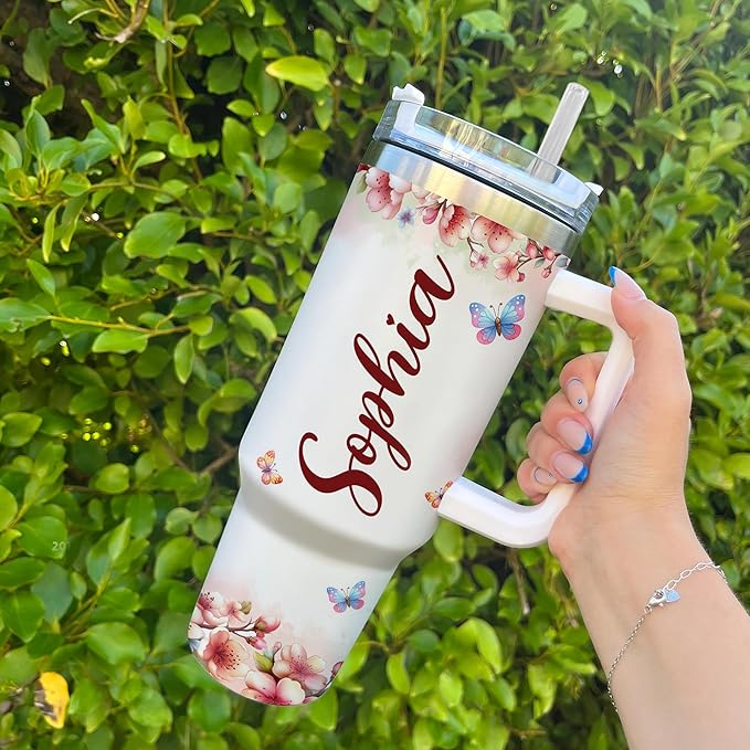 Personalized Sloth 40oz Tumbler with Handle and Straw Gifts for Women Sloths Lovers, Cute Sloth Cup, Animal Lovers Gift Idea on Birthday Christmas, Custom Name Stainless Steel Travel Cup