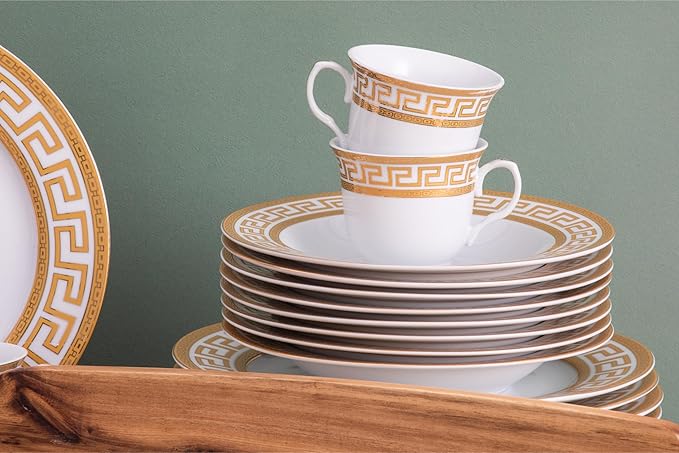 Vintage Dinnerware Set for 8-57 Piece Porcelain Dining Set - Gorgeous White and Gold Greek Key Design - Plates, Bowls, Cups and Saucers - For Everyday Use and Special Events (Meander Gold 2057)