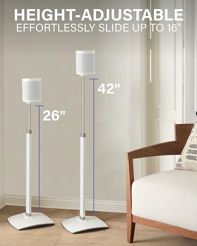 SANUS Adjustable Height Wireless Speaker Stands Designed for Sonos One, One SL, and Play:1 - Tool-Free Adjustment up to 16" and Built-in Cable Management (White)