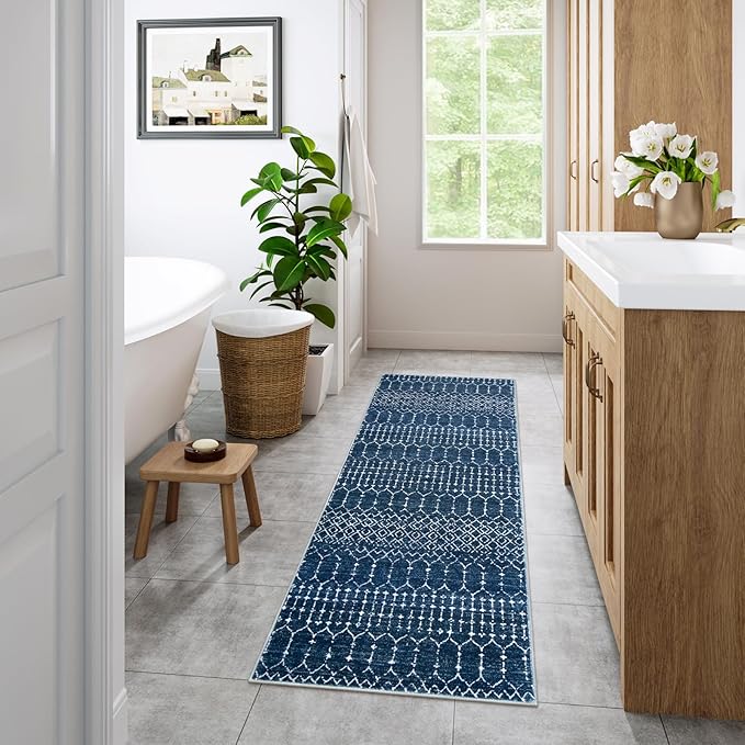 Lahome Moroccan Runner Rugs for Hallway - 2x4 Bathroom Rugs Non-Slip Small Throw Kitchen Carpet Low-Pile Mat for Entryway Laundry Room Mat Geometric Indoor Carpert for Entrance Bath (Blue,2'x4')