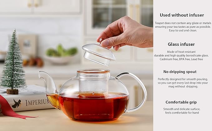 CNGLASS Glass Teapot Stovetop Safe,Clear Teapot with Removable Infuser 20.3 oz,Loose Leaf and Blooming Tea Maker