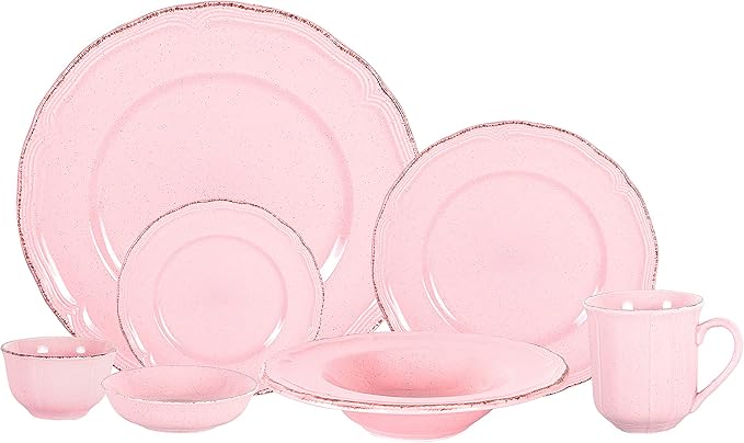 56pc Dinnerware Set, Plate and Bowl Set, Stoneware Dishes Set for 8, Microwave and Dishwahser Safe, Scratch Resistant, French Countryside Speckled Antique Pink