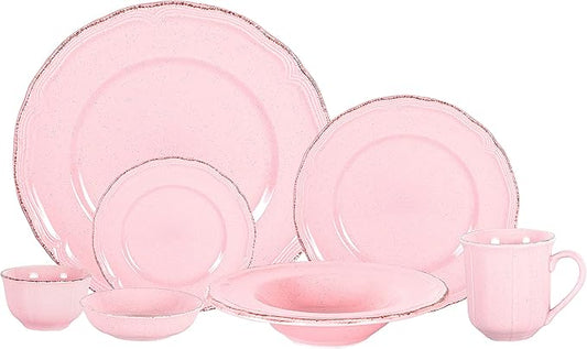56pc Dinnerware Set, Plate and Bowl Set, Stoneware Dishes Set for 8, Microwave and Dishwahser Safe, Scratch Resistant, French Countryside Speckled Antique Pink