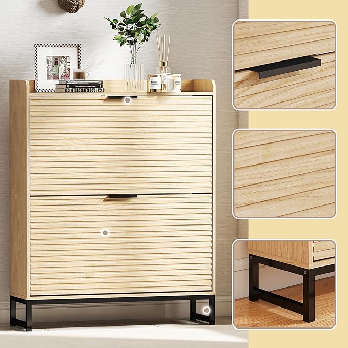 Shoe Cabinet Storage with 2 Flip Drawers for Entryway, Oak Wooden Slim Shoe Organizer with Adjustable Shelf, Freestanding Hidden Narrow Shoe Rack Cabinet for Hallway
