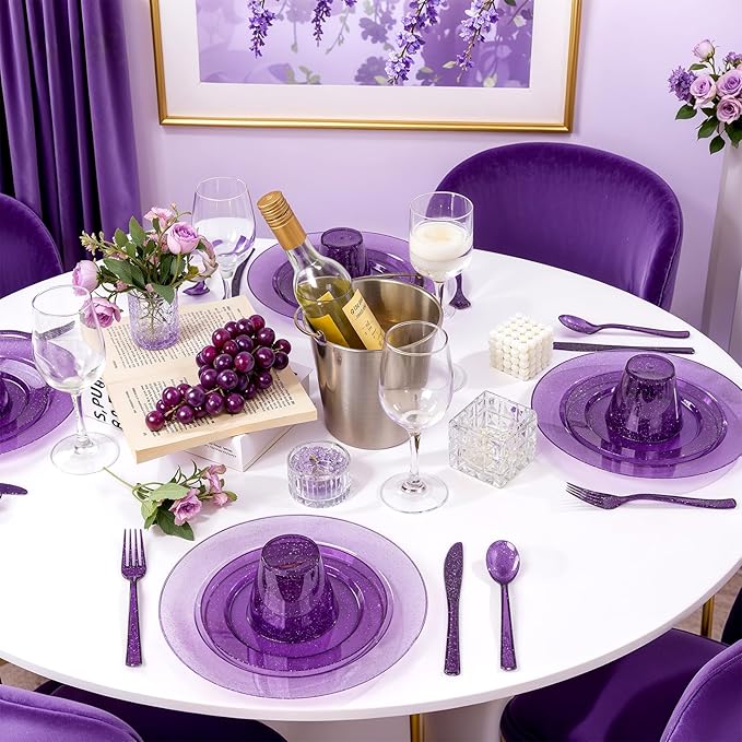 DaYammi 210 Purple Glitter Plastic Dinnerware Set for 30 Guests, Fancy Disposable Plates for Party, Include: 30 Dinner Plates, 30 Dessert Plates, 30 Pre Rolled Napkins with Purple Silverware, 30 Cups