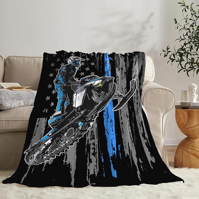 Snowmobile Blanket Gifts for Girls Boys Skiing Sports Throw Blankets Cozy Plush Fleece America Flag Flannel Fuzzy for Men Women 60"X50"