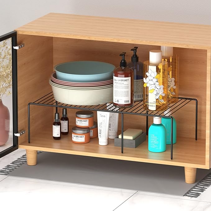 Redrubbit Expandable Metal Rustproof Kitchen Counter Shelf Rack, Space Saver for Kitchen, Fridge, Bathroom, Black, Set of 6