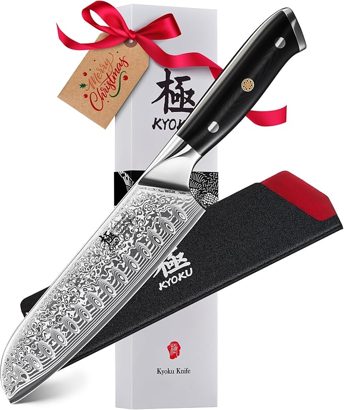 KYOKU Santoku Knife - 7" - Shogun Series - Japanese VG10 Steel Core Forged Damascus Blade - with Sheath & Case