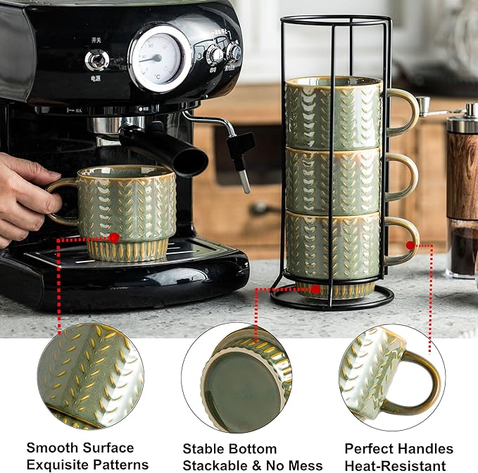 Coffee Mugs Set of 4 with Spoons & Rack, Stackable Espresso Cups 13oz Coffee Mug for Drinks Latte Cappuccino Tea, Turkish Coffee Cup for Housewarming Wedding Gift, Dishwasher Safe