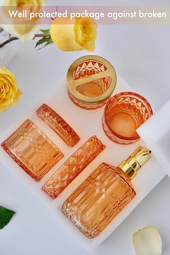 Orange Bathroom Accessories Set, 5Pcs Clear Glass Bathroom Set Accessories, Lotion Soap Dispenser, Soap Dish, Tumbler, Toothbrush Holder Set, Qtips Holder for Crystal Vintage Bathroom Decor,