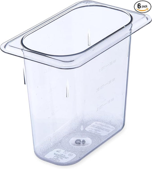 Carlisle FoodService Products Storplus Food Storage Container Food Pan, Chafing Pan for Catering, Buffets, Restaurants, Polycarbonate (Pc), 1/9 Size 6 Inches Deep, Clear, (Pack of 6)