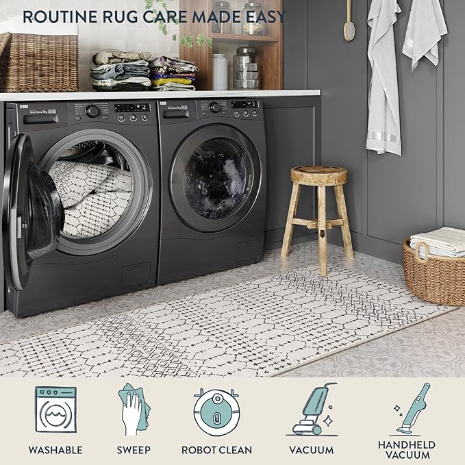 Lahome Moroccan Washable 2x6 Runner Rug, Non-Slip Beige Kitchen Hallway Runner Rug, Ultra Soft Geometric Print Distressed Floor Carpet for Hallways Entryway Bedroom Laundry