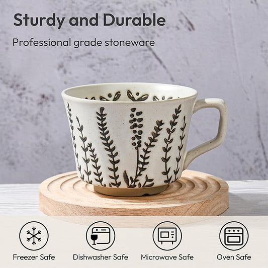 Ceramic Coffee Mug, 12 oz Novelty Unique Teacup with Handle, Stoneware Cup for Tea Mocha Latte Cappuccino Espresso (Set of 4, Butterfly Grass Ivy and Leaf)