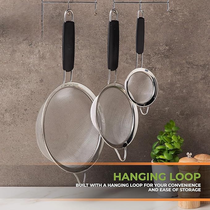 ELEEN Stainless Steel Strainer | Set of 3 Kitchen Strainers Available Sizes (S,M,L) | Perfect Strainers for Kitchen Use (Black Handle Pack of 3)