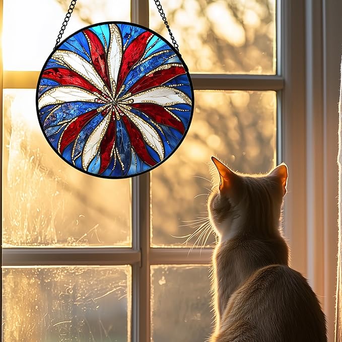 Stained Glass Window Hanging 4 Pcs Set Abstract Flowers in Red White Blue 6.3" - Suncatcher Door Garden Sun Catcher Decor Birthday Mother's Day Xmas Gift for Mom Woman Nana Men Parents