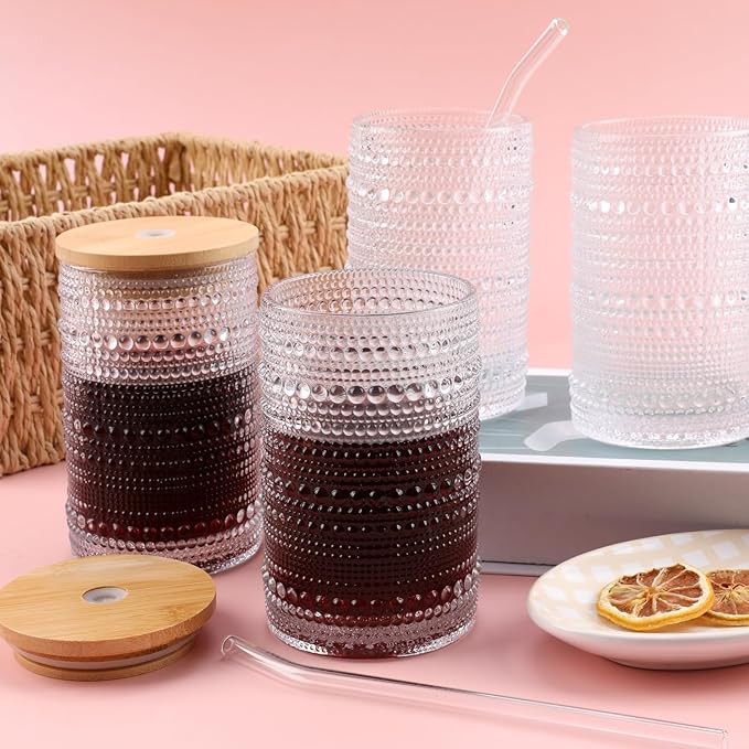 Vintage Hobnail Drinking Glasses Set of 4, 16 oz Highball Glasses Cup Set, Kitchen Water Glasses Cup, Bar Mixed Drinkware Set for Beer, Juice, Cocktail, Whiskey, Milk