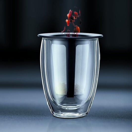 Bodum 12oz Tea Strainer w/Lid, Double Wall, High-Heat Borosilicate Glass, Set of 2, Black
