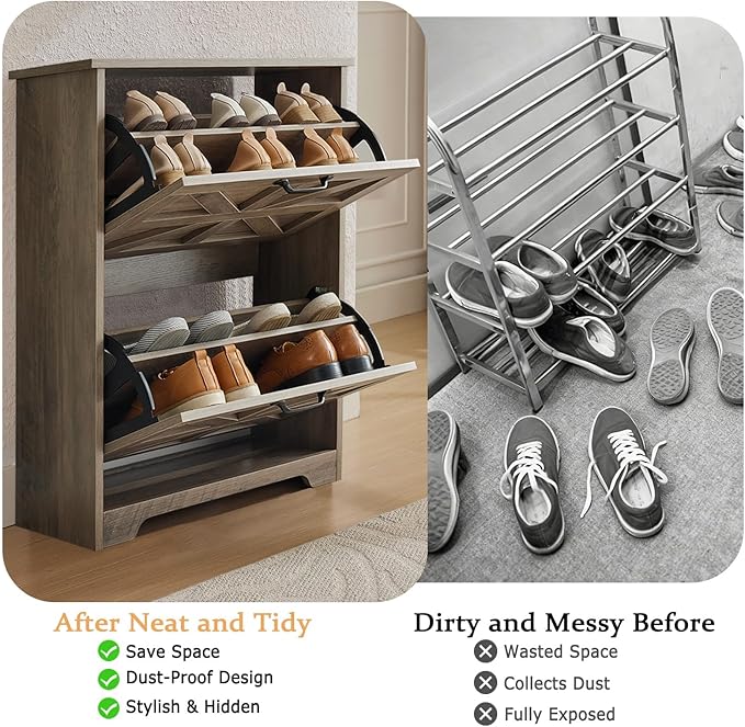 Shoe Storage Cabinet with 2 Flip Drawers, Farmhouse Shoe Organizer with Barn Door Design, Space-Saving Hidden Narrow Shoe Rack Cabinet for Entryway, Hallway & Foyer，Grey